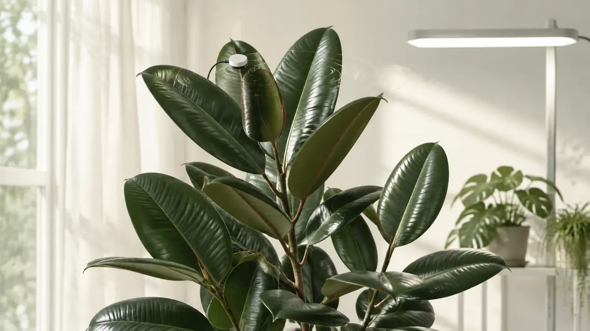 Rubber Plant houseplant in an indoor light-measurement setting with PPFD meter and grow-light context