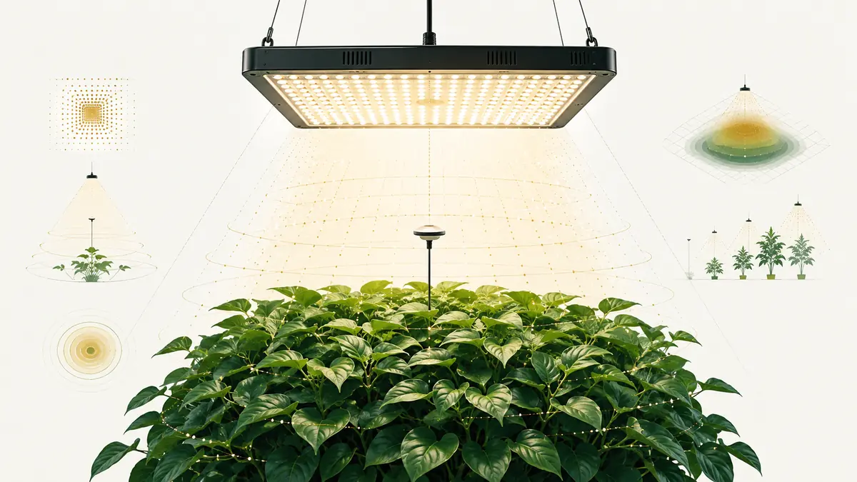Technical editorial illustration of a panel grow light above houseplants with PPFD measurement markers