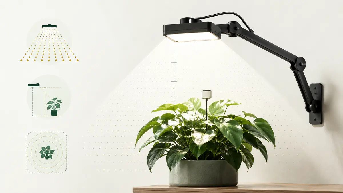 Technical editorial illustration of a other grow light above houseplants with PPFD measurement markers