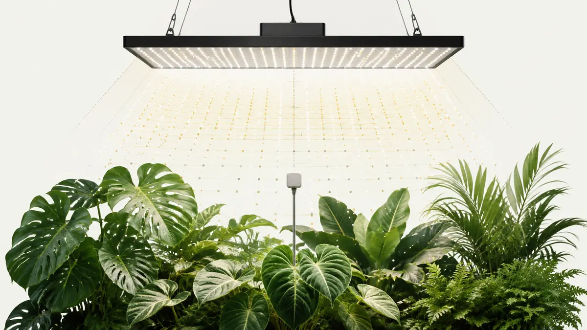 Technical editorial illustration of a panel grow light above houseplants with PPFD measurement markers