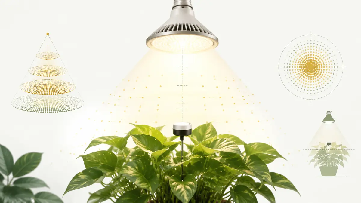 Technical editorial illustration of a bulb grow light above houseplants with PPFD measurement markers