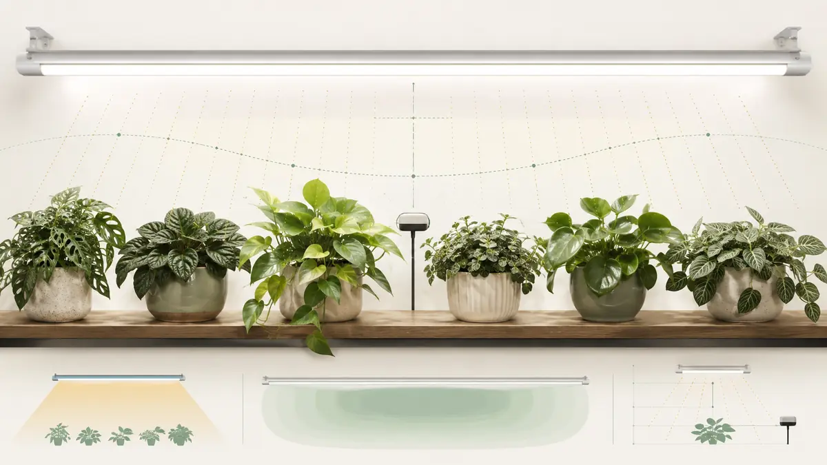 Technical editorial illustration of a bar grow light above houseplants with PPFD measurement markers