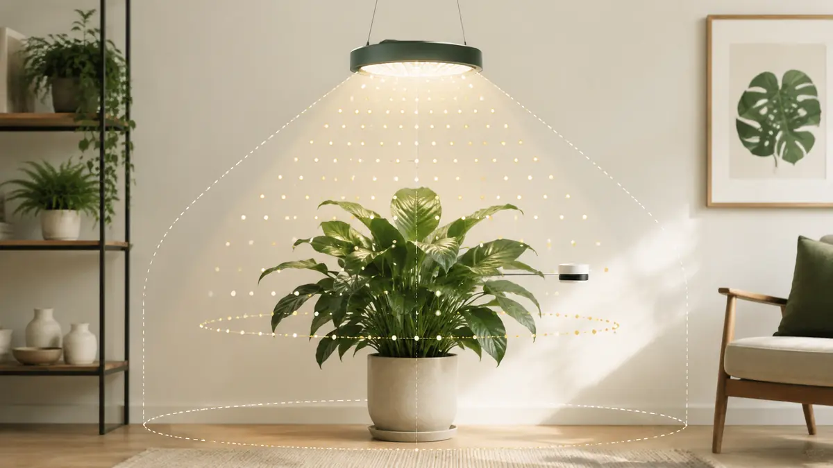 Technical editorial illustration of a pendant grow light above houseplants with PPFD measurement markers