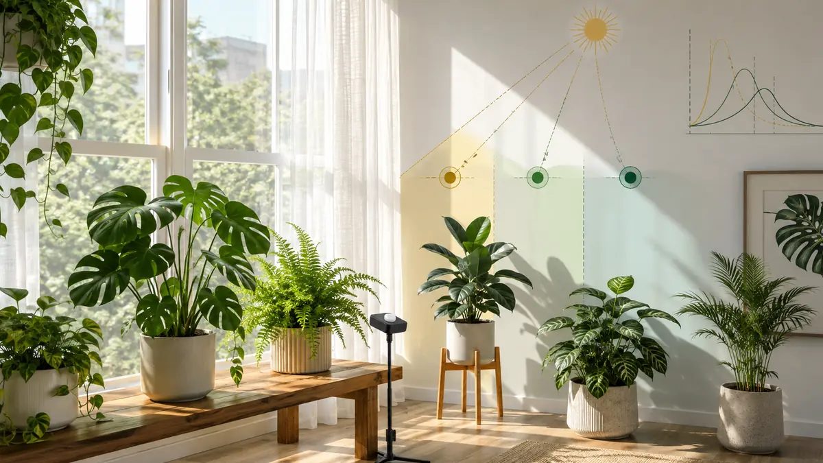 Houseplants arranged near a south-facing window showing distance, filtered light and PPFD measurement