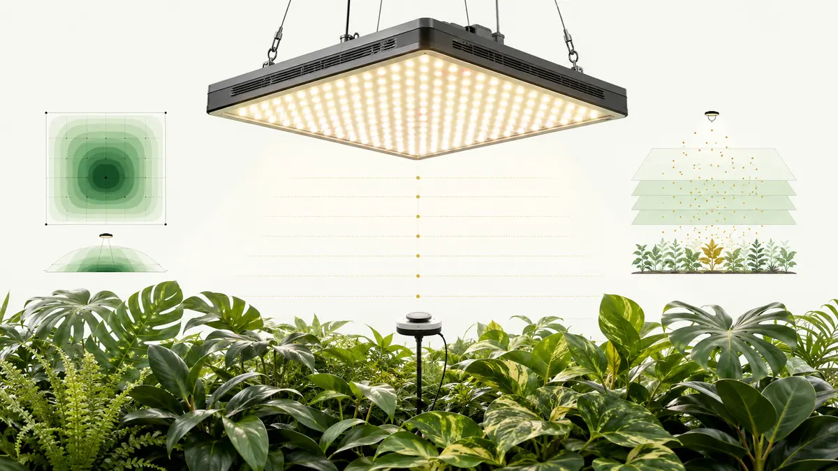 Technical editorial illustration of a panel grow light above houseplants with PPFD measurement markers