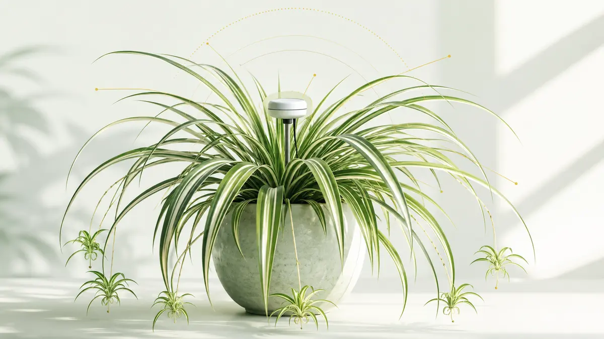 Spider Plant houseplant in an indoor light-measurement setting with PPFD meter and grow-light context