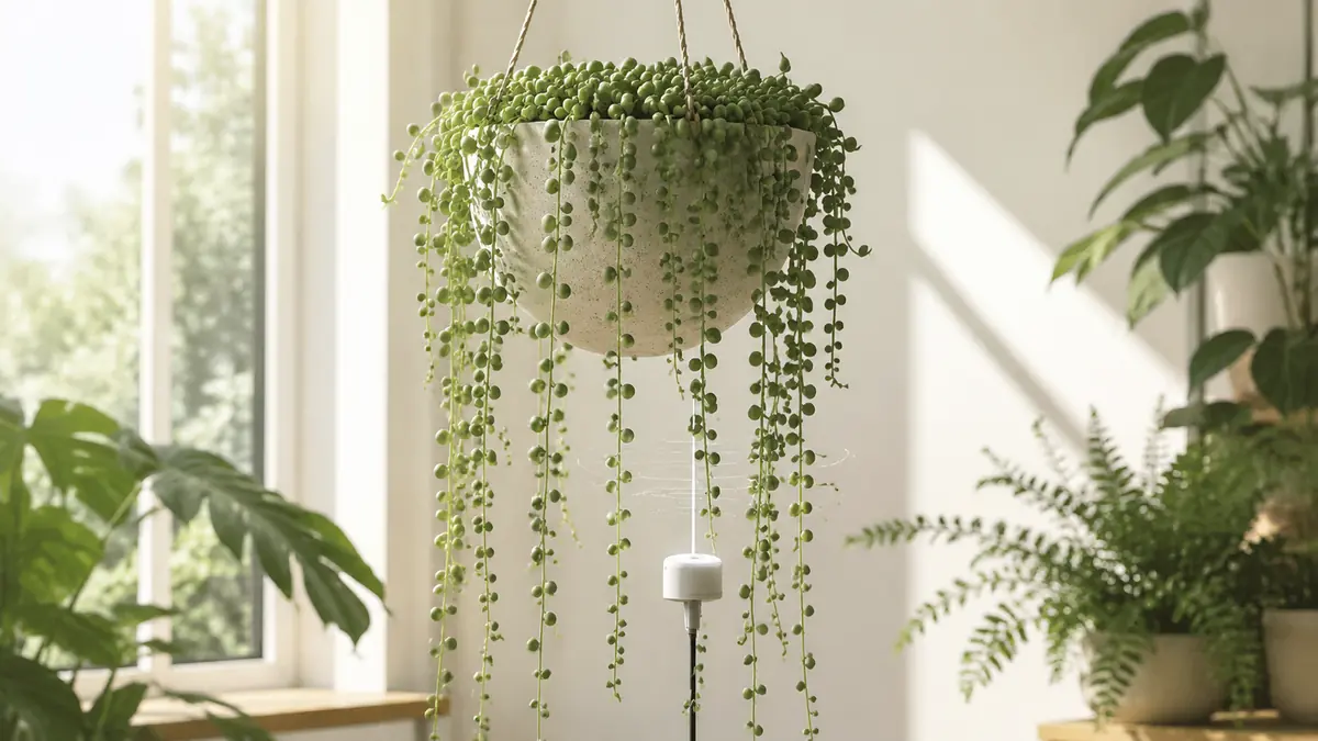 String of Pearls houseplant in an indoor light-measurement setting with PPFD meter and grow-light context