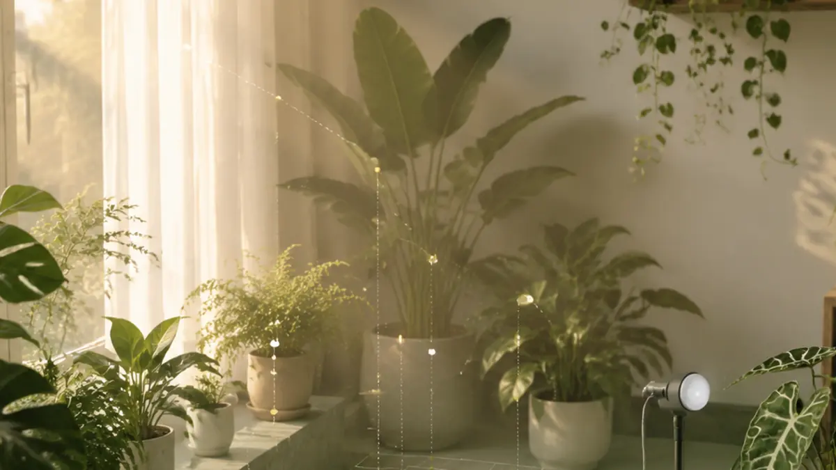 White Bird of Paradise houseplant in an indoor light-measurement setting with PPFD meter and grow-light context